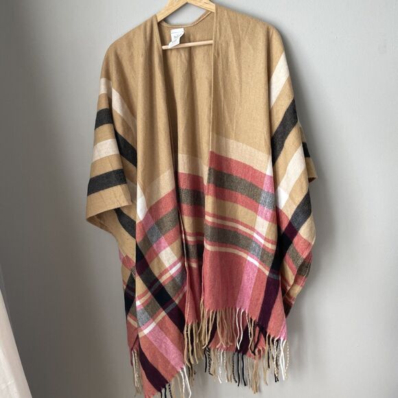 Woolrich‎ Checked Fringe Hem Poncho Wrap Shawl wearable blanket One Size EUC - Picture 1 of 4